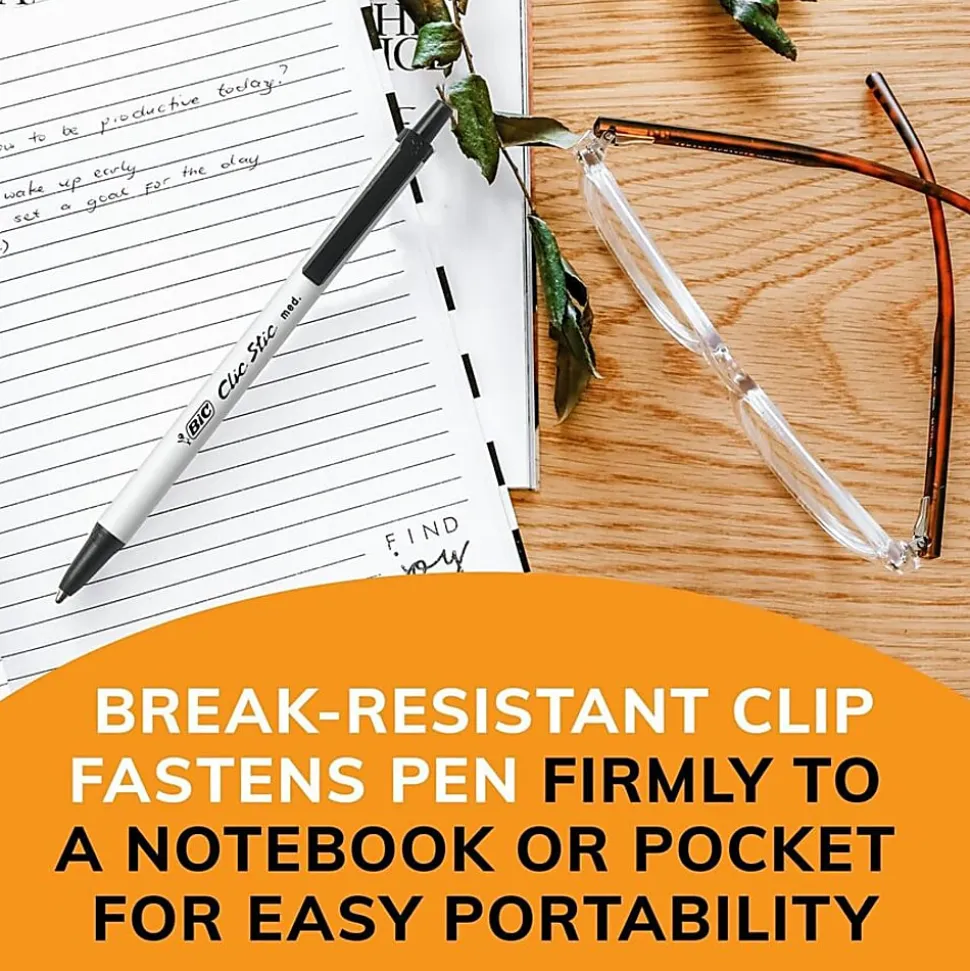 BIC Clic Stic Retractable Ballpoint Pens, Medium Point, 1.0 mm, White Barrel, Black Ink, Pack Of 24