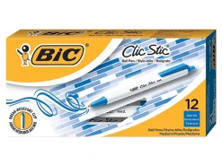 BIC Clic Stic Retractable Ballpoint Pens, Medium Point, 1.0 mm, White Barrel, Blue Ink, Pack Of 12