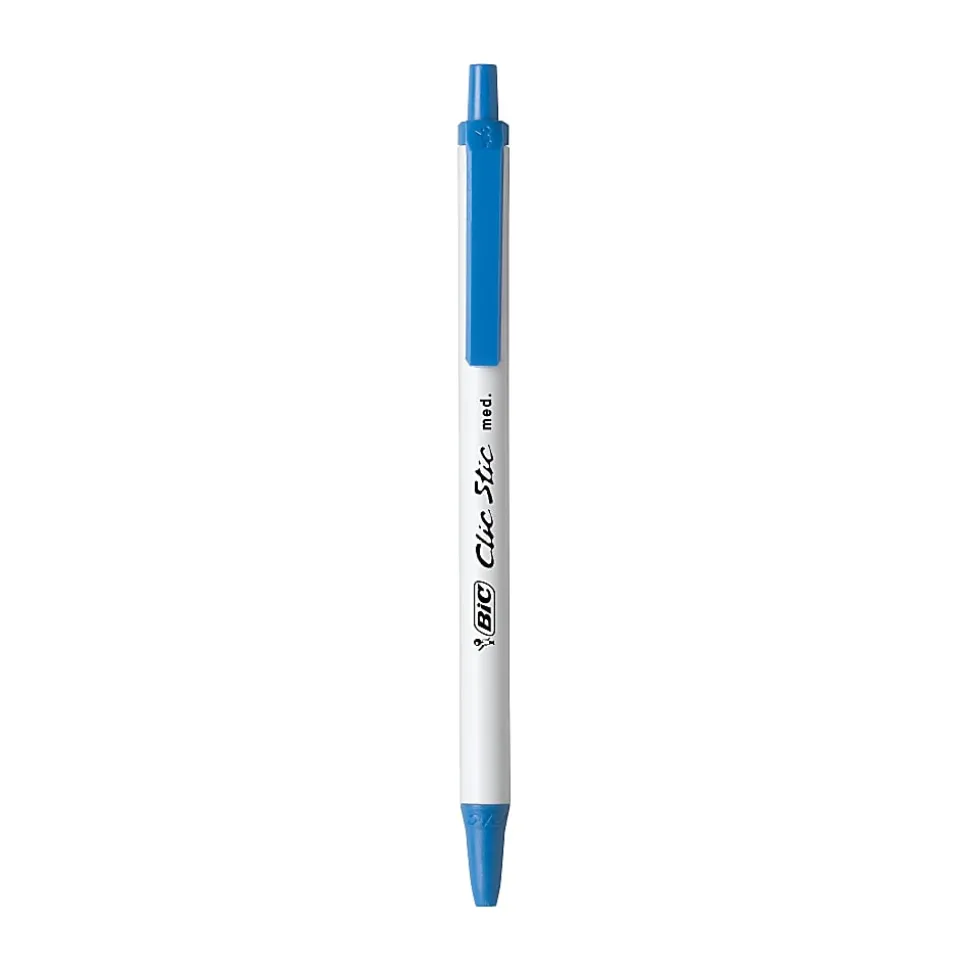 BIC Clic Stic Retractable Ballpoint Pens, Medium Point, 1.0 mm, White Barrel, Blue Ink, Pack Of 12