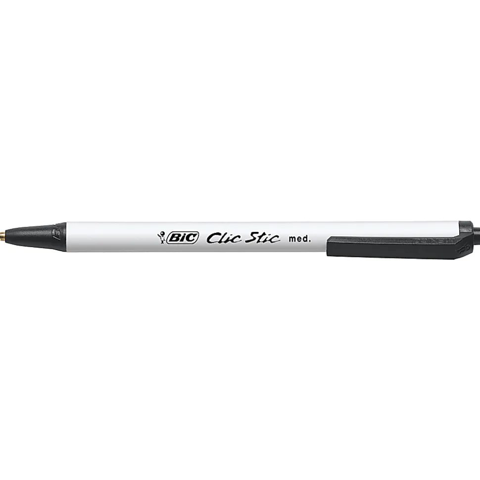BIC Clic Stic Retractable Ballpoint Pens, Medium Point, 1.0 mm, White Barrel, Black Ink, Pack Of 12