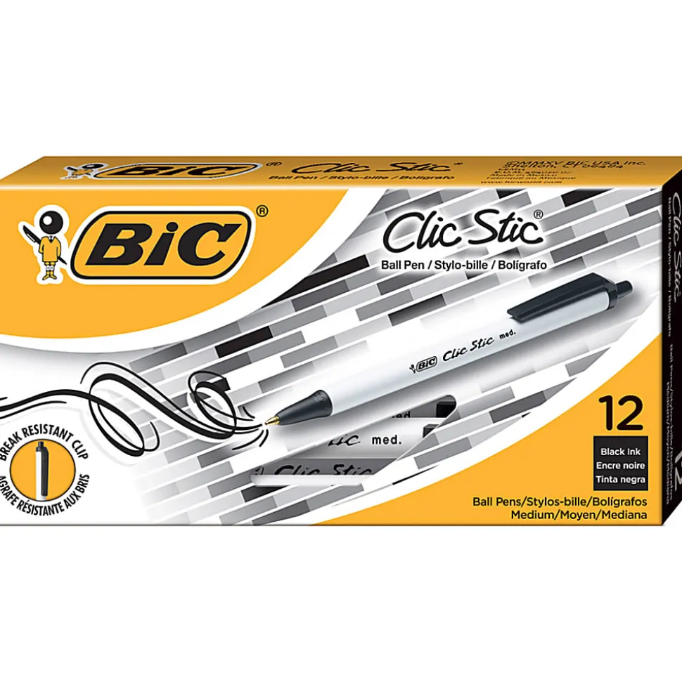 BIC Clic Stic Retractable Ballpoint Pens, Medium Point, 1.0 mm, White Barrel, Black Ink, Pack Of 12