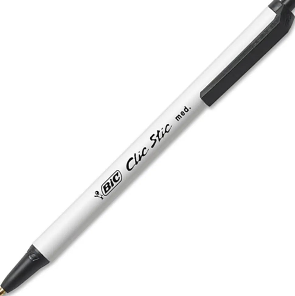 BIC Clic Stic Retractable Ballpoint Pens, Medium Point, 1.0 mm, White Barrel, Black Ink, Pack Of 12
