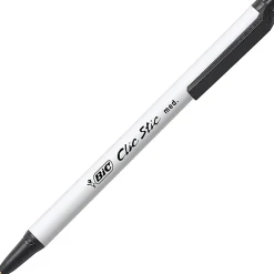 BIC Clic Stic Retractable Ballpoint Pens, Medium Point, 1.0 mm, White Barrel, Black Ink, Pack Of 12