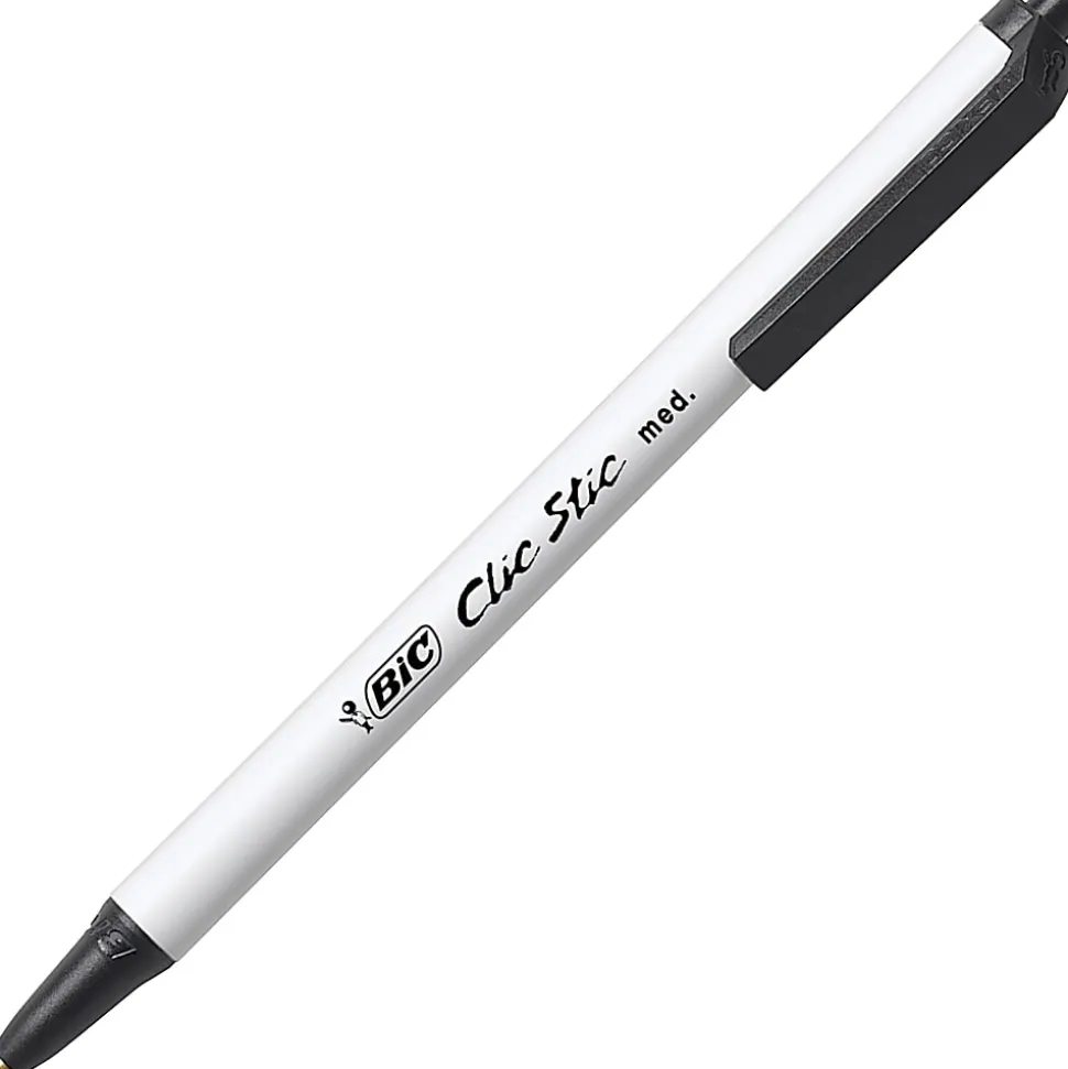 BIC Clic Stic Retractable Ballpoint Pens, Medium Point, 1.0 mm, White Barrel, Black Ink, Pack Of 12