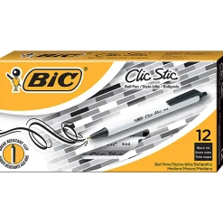 BIC Clic Stic Retractable Ballpoint Pens, Medium Point, 1.0 mm, White Barrel, Black Ink, Pack Of 12