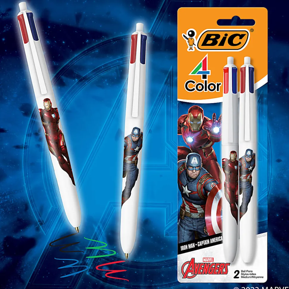 BIC 4-Color Marvel's Avengers Retractable Ballpoint Pens, Captain America And Iron Man Edition, Medium Point, 1.0 mm, White Barrel - MMXRABP2-AST