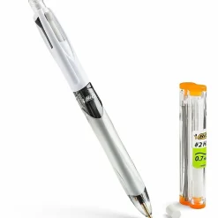 BIC® 4-Color Pen/Pencil, #2HB Pencil Lead, 0.7 mm Medium Point, White/Gray/Black Barrel, Black/Blue/Red Ink
