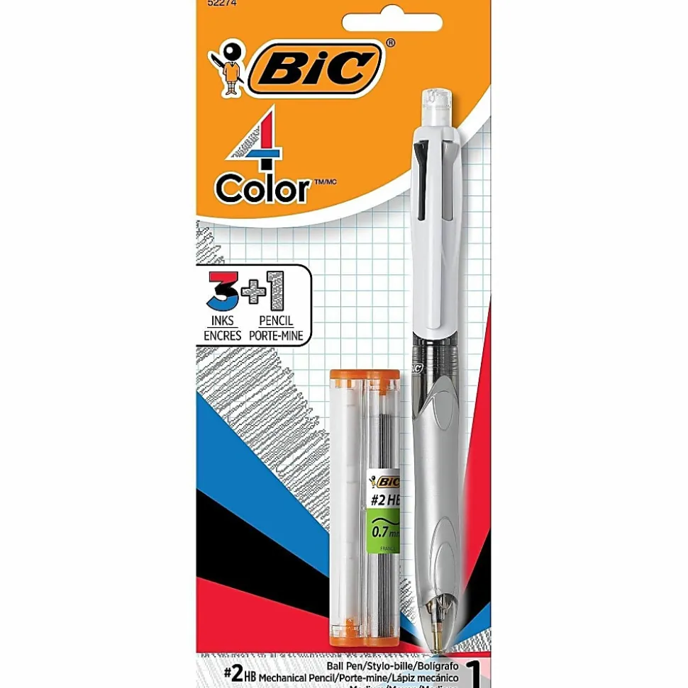 BIC® 4-Color Pen/Pencil, #2HB Pencil Lead, 0.7 mm Medium Point, White/Gray/Black Barrel, Black/Blue/Red Ink