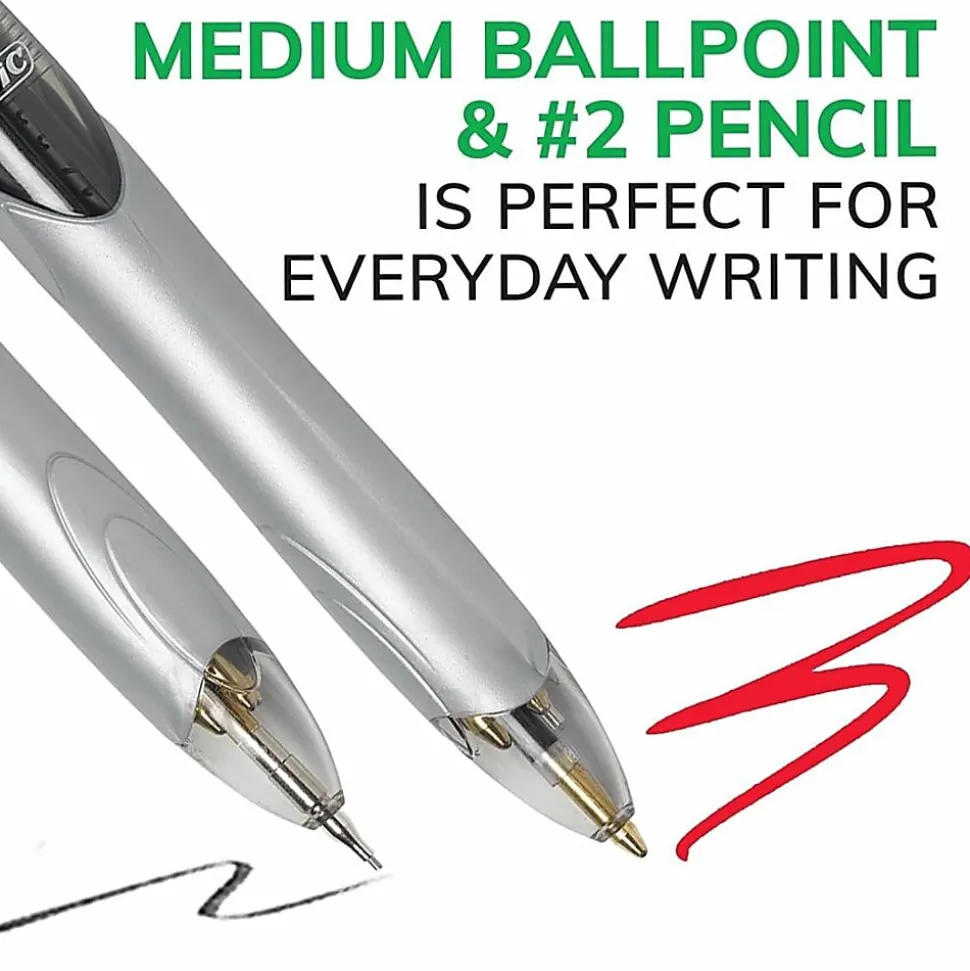 BIC® 4-Color Pen/Pencil, #2HB Pencil Lead, 0.7 mm Medium Point, White/Gray/Black Barrel, Black/Blue/Red Ink