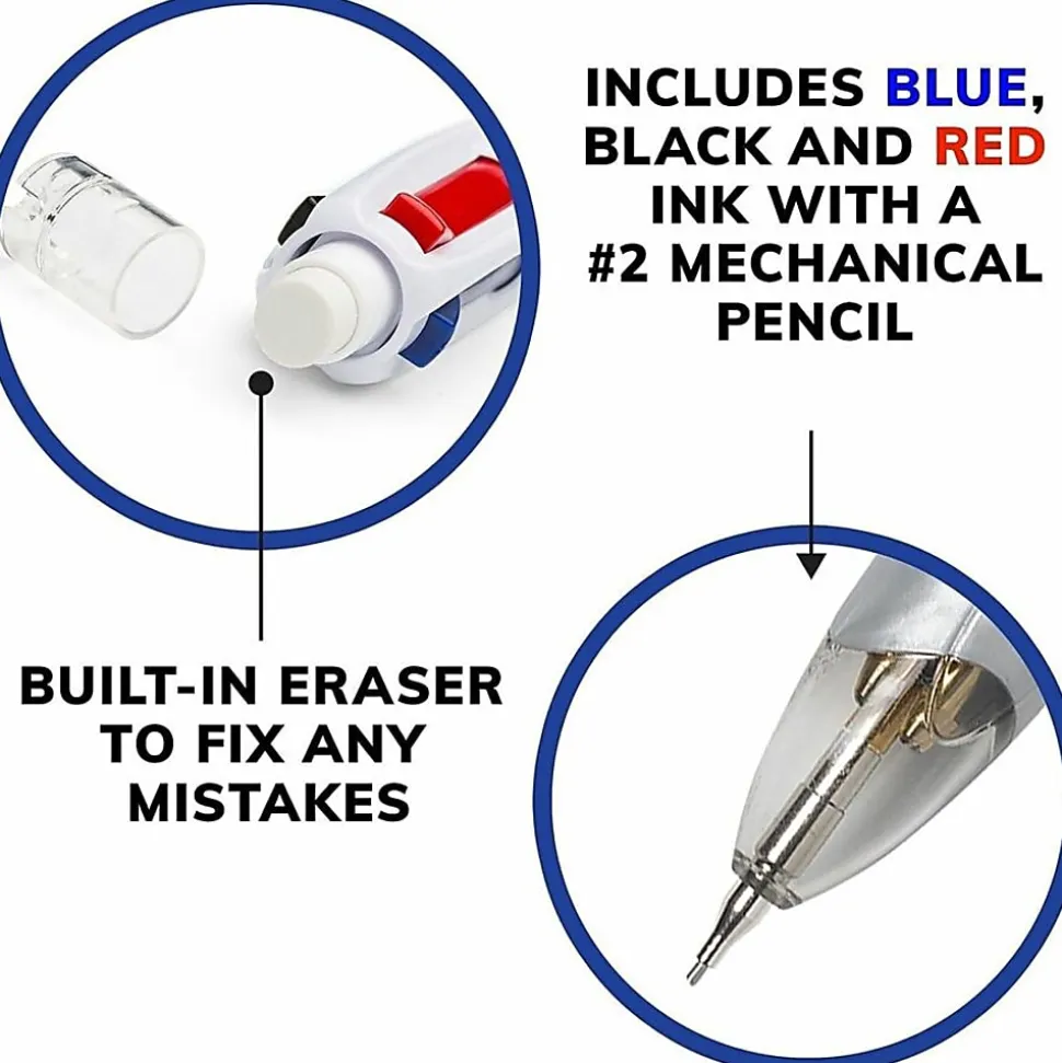 BIC® 4-Color Pen/Pencil, #2HB Pencil Lead, 0.7 mm Medium Point, White/Gray/Black Barrel, Black/Blue/Red Ink