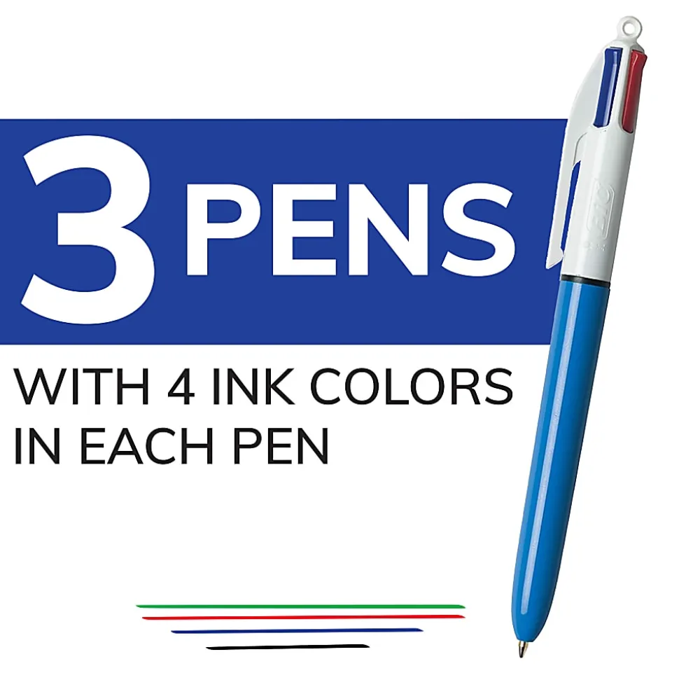 BIC 4 Color Retractable Ballpoint Pen, Medium Point, 1.0 mm, Blue Barrel, Assorted Ink Colors, Pack Of 3