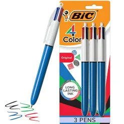 BIC 4 Color Retractable Ballpoint Pen, Medium Point, 1.0 mm, Blue Barrel, Assorted Ink Colors, Pack Of 3