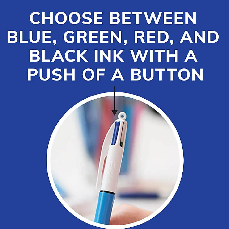BIC 4 Color Retractable Ballpoint Pen, Medium Point, 1.0 mm, Blue Barrel, Assorted Ink Colors, Pack Of 3