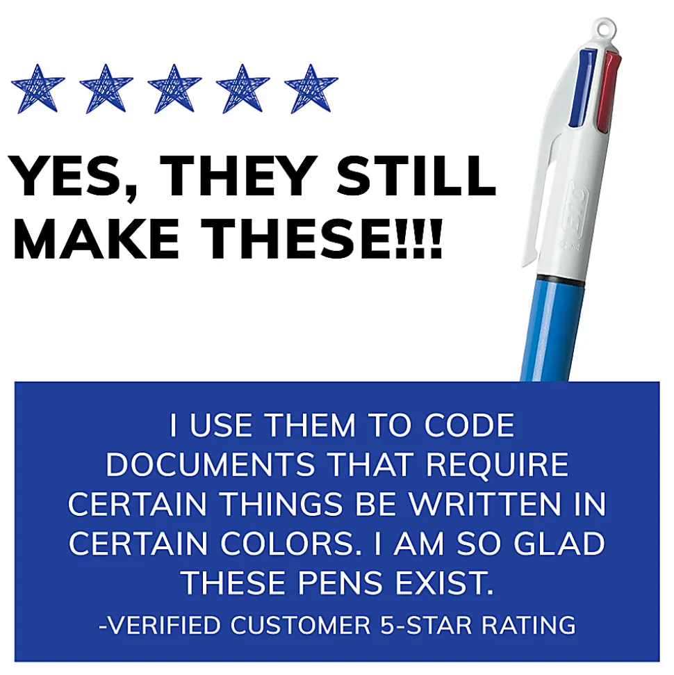 BIC 4 Color Retractable Ballpoint Pen, Medium Point, 1.0 mm, Blue Barrel, Assorted Ink Colors, Pack Of 3