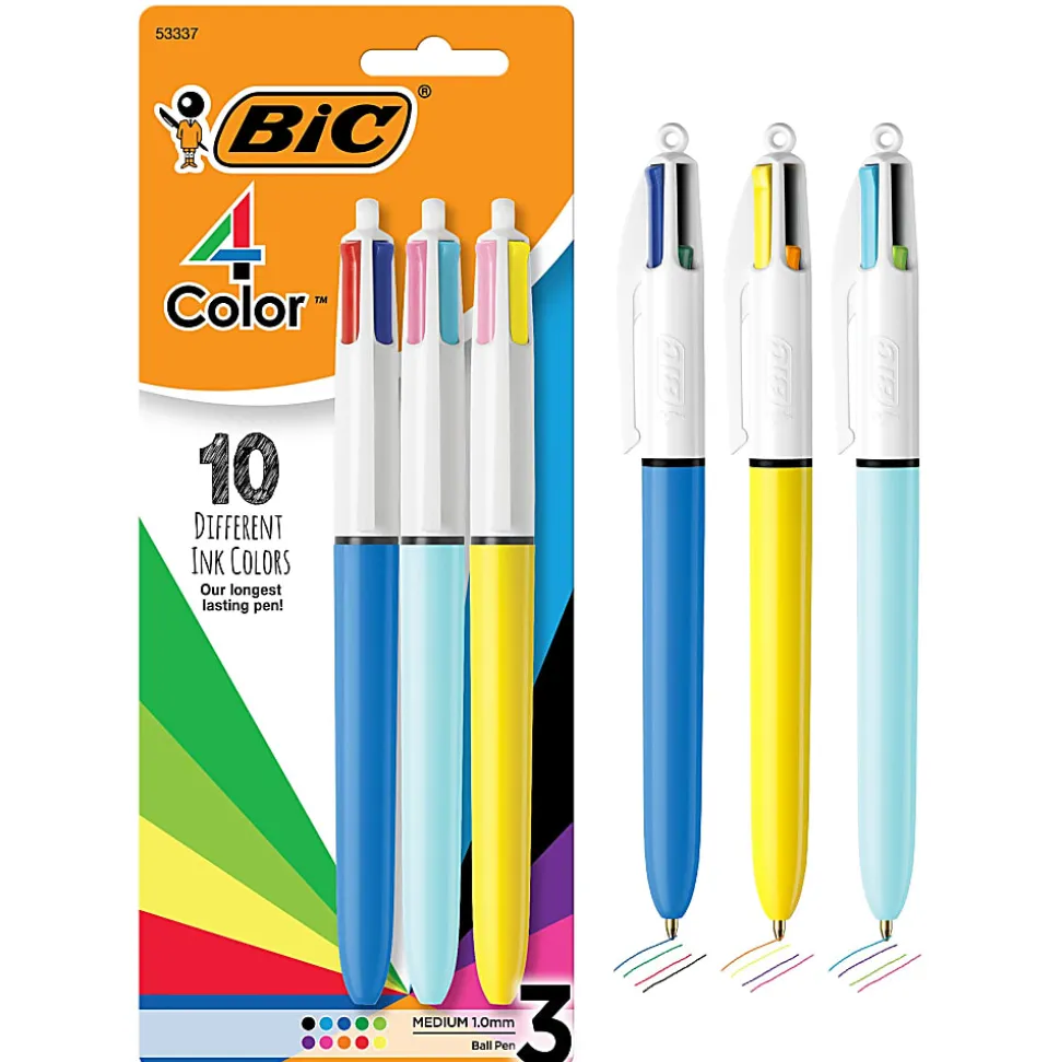 BIC 4-Color Retractable Ballpoint Pens, Medium Point, 1.0 mm, Assorted Ink Colors, Pack Of 3 Pens