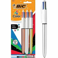 BIC 4-Color Shine Retractable Ballpoint Pens, Medium Point, 1.0 mm, Assorted Metallic Barrels, Assorted Ink Colors, Pack Of 3 Pens
