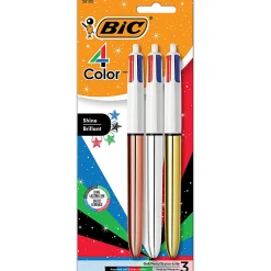 BIC 4-Color Shine Retractable Ballpoint Pens, Medium Point, 1.0 mm, Assorted Metallic Barrels, Assorted Ink Colors, Pack Of 3 Pens