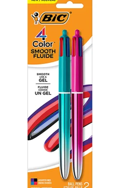 BIC 4 Color Smooth Retractable Ball Point Pen, Medium Point 1.0mm, Assorted Barrels, Assorted Ink, Pack of 2