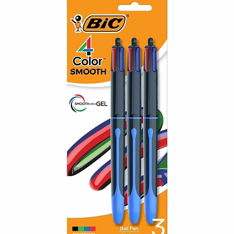 BIC 4-Color Smooth Retractable Ballpoint Pens, Medium Point, 1.0mm, Blue Barrel, Assorted Ink Colors, Pack Of 3 Pens