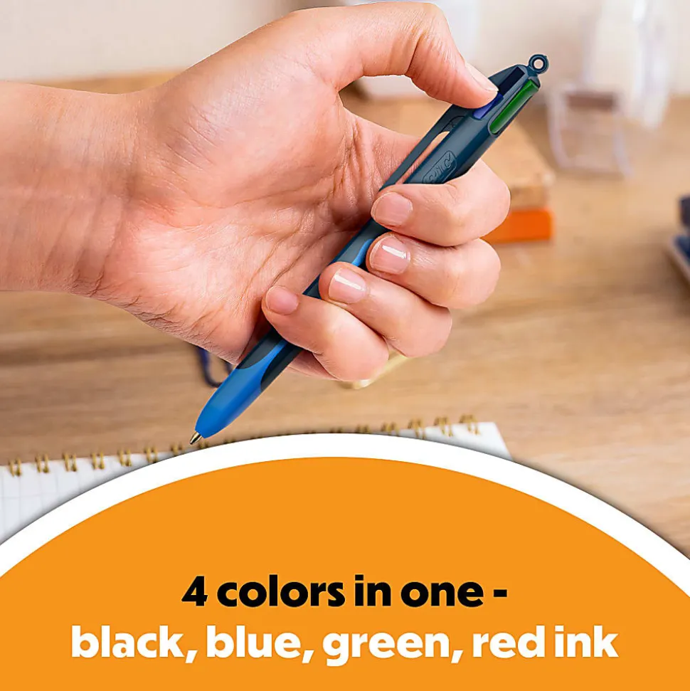 BIC 4-Color Smooth Retractable Ballpoint Pens, Medium Point, 1.0mm, Blue Barrel, Assorted Ink Colors, Pack Of 3 Pens