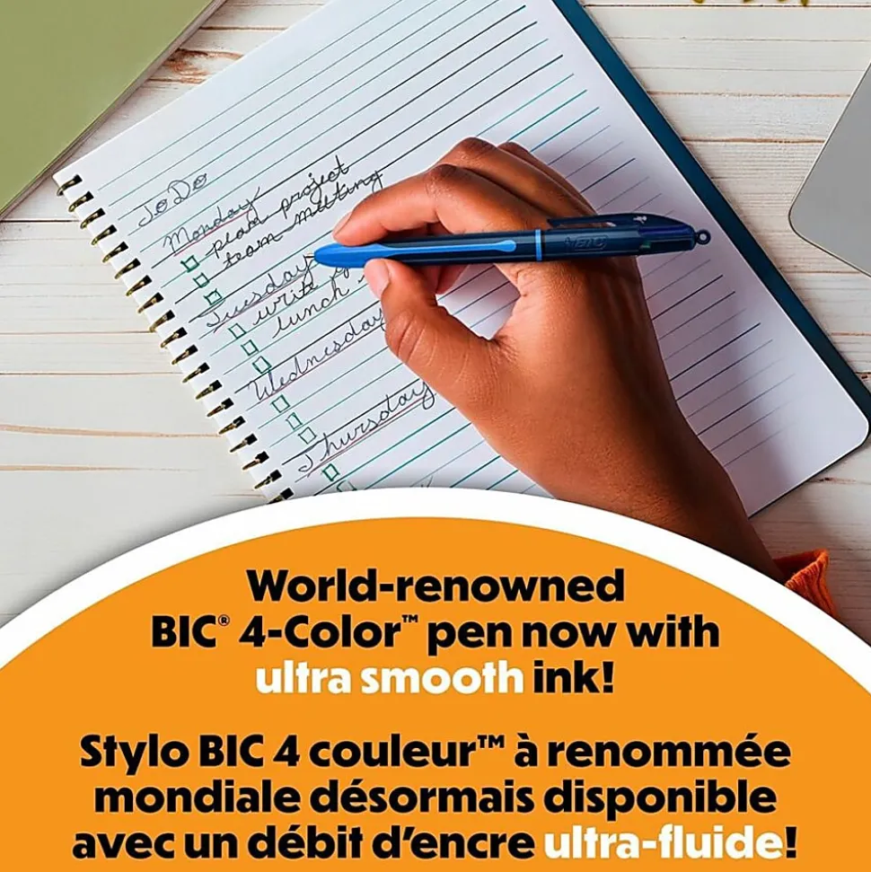 BIC 4-Color Smooth Retractable Ballpoint Pens, Medium Point, 1.0mm, Blue Barrel, Assorted Ink Colors, Pack Of 3 Pens