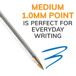 BIC® Cristal® Ballpoint Pens, Medium Point, 1.0 mm, Clear Barrel, Blue Ink, Pack Of 12
