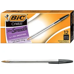 BIC® Cristal® Ballpoint Pens, Medium Point, 1.0 mm, Clear Barrel, Black Ink, Pack Of 12