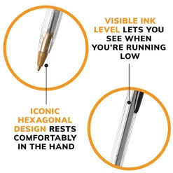 BIC® Cristal® Ballpoint Pens, Medium Point, 1.0 mm, Clear Barrel, Black Ink, Pack Of 12