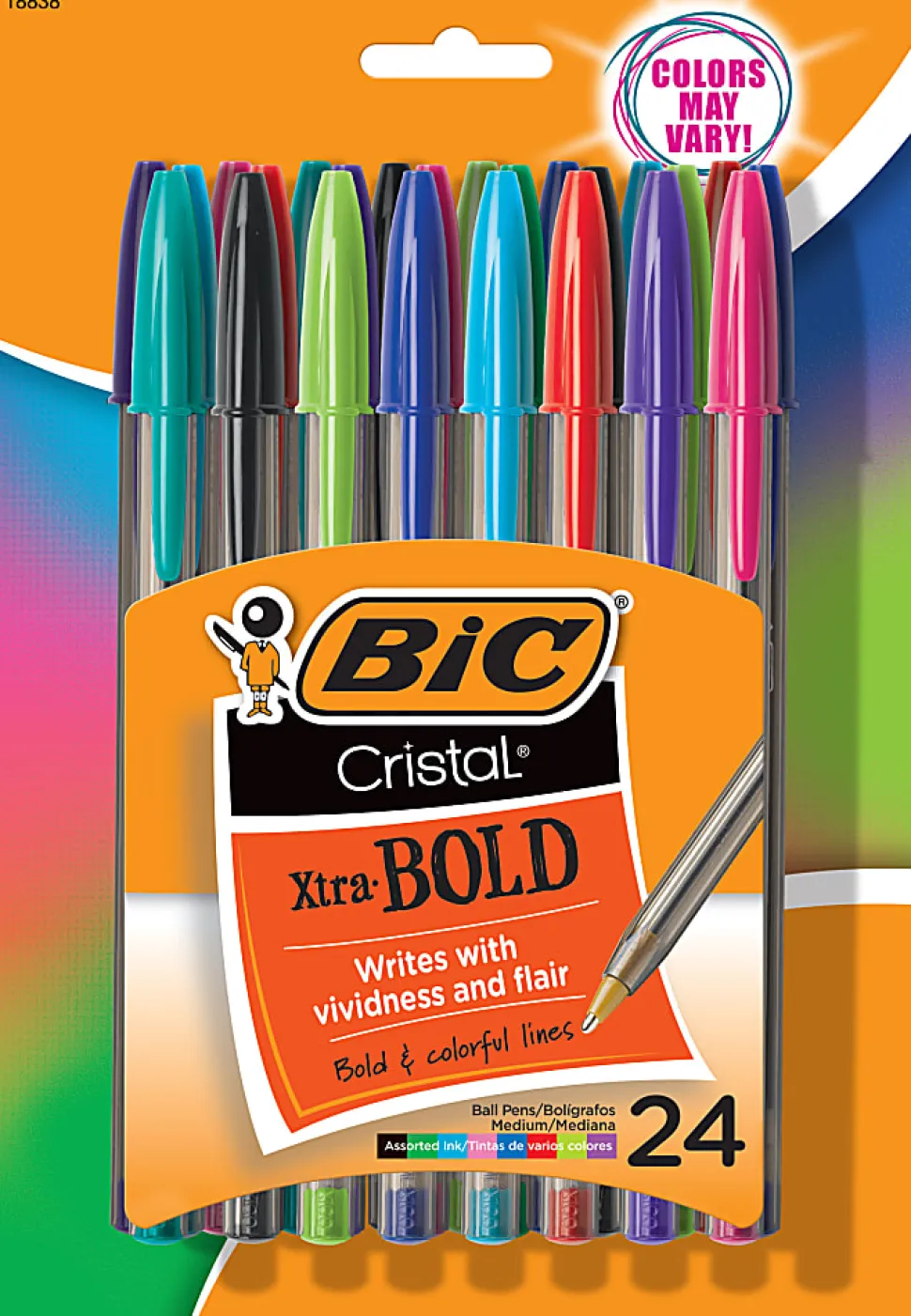 BIC Cristal Xtra Bold Ballpoint Pens, Bold Point, 1.6 mm, Translucent Barrel, Assorted Ink Colors, Pack Of 24 Pens