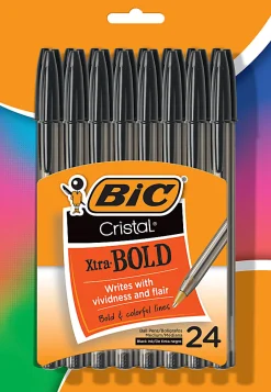 BIC® Cristal® Xtra Bold Stic Ballpoint Pens, 1.6 mm, Clear Black Barrel, Black Ink, Pack Of 24 Pens
