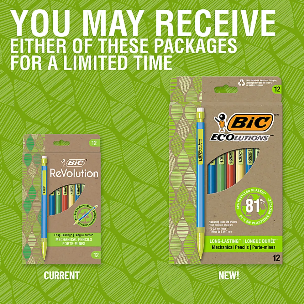 BIC® Ecolutions #2 Mechanical Pencils, 0.7 mm, Medium Point, 65% Recycled, Assorted Barrel, Pack of 12 Pencils