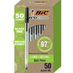 BIC Ecolutions Round Stic Ball Pens, Medium Point, 1.0 mm, 74% Recycled, Translucent Barrel, Black Ink, Pack Of 50 Pens