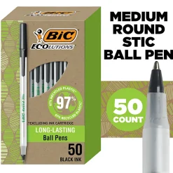 BIC Ecolutions Round Stic Ball Pens, Medium Point, 1.0 mm, 74% Recycled, Translucent Barrel, Black Ink, Pack Of 50 Pens