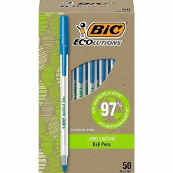 BIC Ecolutions Round Stic Ball Pens, Medium Point, 1.0 mm, 74% Recycled, Translucent Barrel, Blue Ink, Pack Of 50 Pens