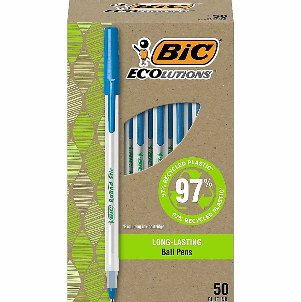 BIC Ecolutions Round Stic Ball Pens, Medium Point, 1.0 mm, 74% Recycled, Translucent Barrel, Blue Ink, Pack Of 50 Pens
