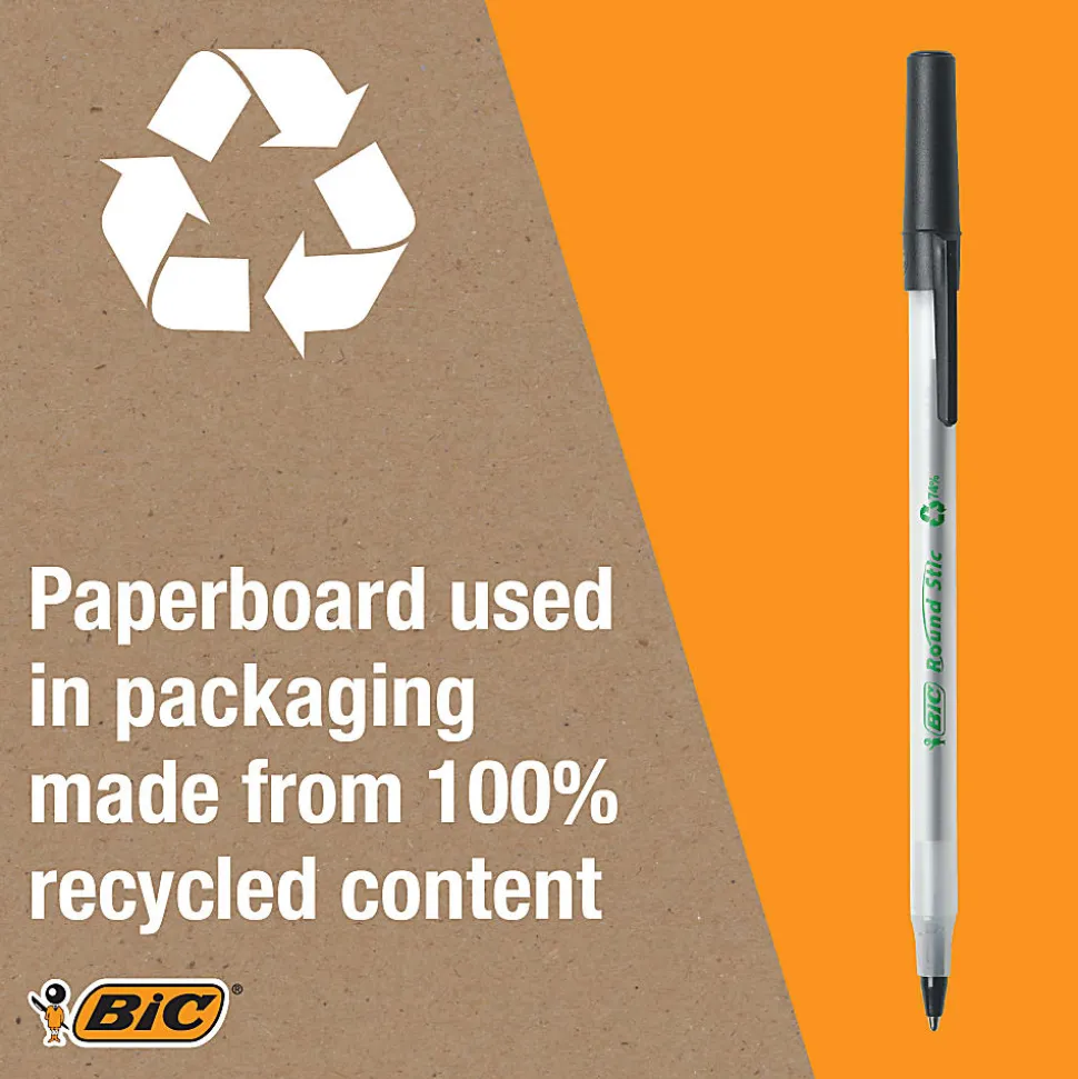 BIC Ecolutions Round Stic Ball Pens, Medium Point, 1.0 mm, 74% Recycled, Translucent Barrel, Blue Ink, Pack Of 50 Pens