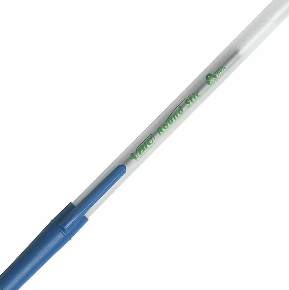 BIC Ecolutions Round Stic Ball Pens, Medium Point, 1.0 mm, 74% Recycled, Translucent Barrel, Blue Ink, Pack Of 50 Pens