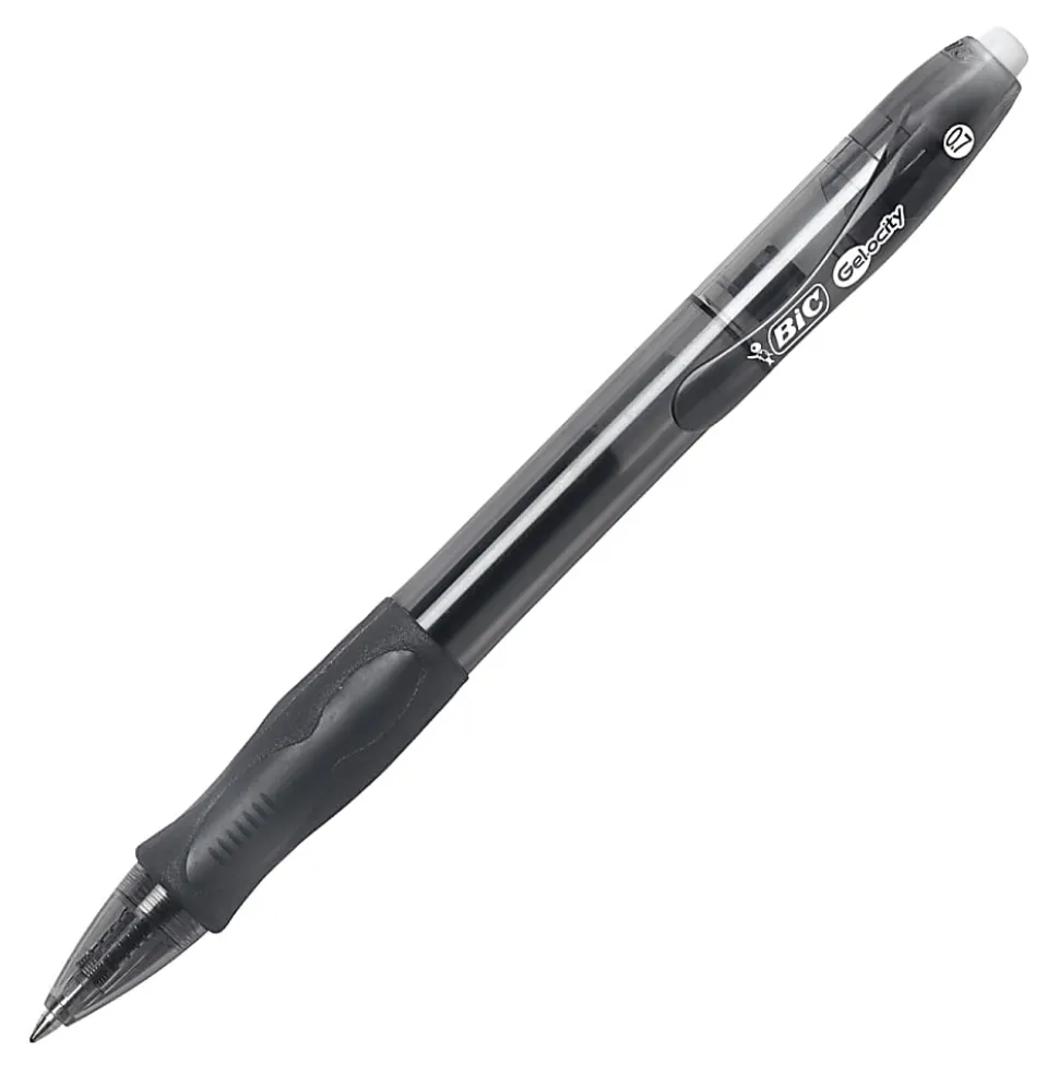 BIC Gelocity Gel Retractable Gel Ink Pens, Medium Point, 0.7 mm, Black Barrel, Black Ink, Pack Of 4 Pens