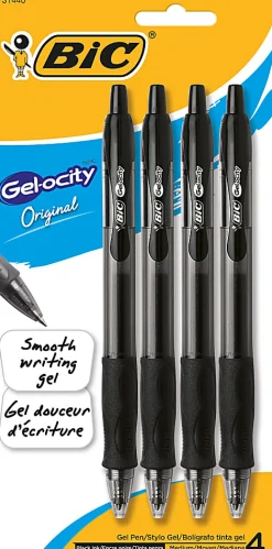 BIC Gelocity Gel Retractable Gel Ink Pens, Medium Point, 0.7 mm, Black Barrel, Black Ink, Pack Of 4 Pens