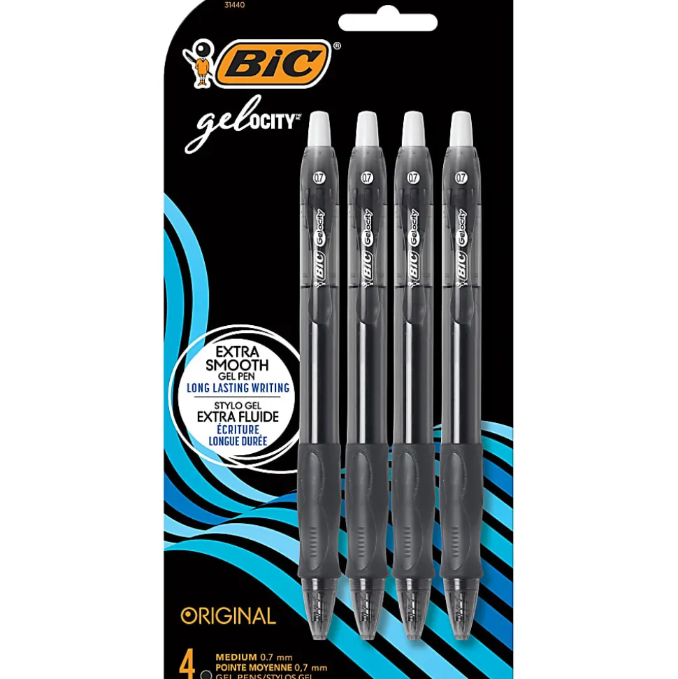 BIC Gelocity Gel Retractable Gel Ink Pens, Medium Point, 0.7 mm, Black Barrel, Black Ink, Pack Of 4 Pens