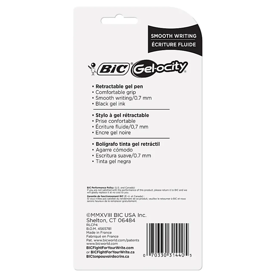 BIC Gelocity Gel Retractable Gel Ink Pens, Medium Point, 0.7 mm, Black Barrel, Black Ink, Pack Of 4 Pens