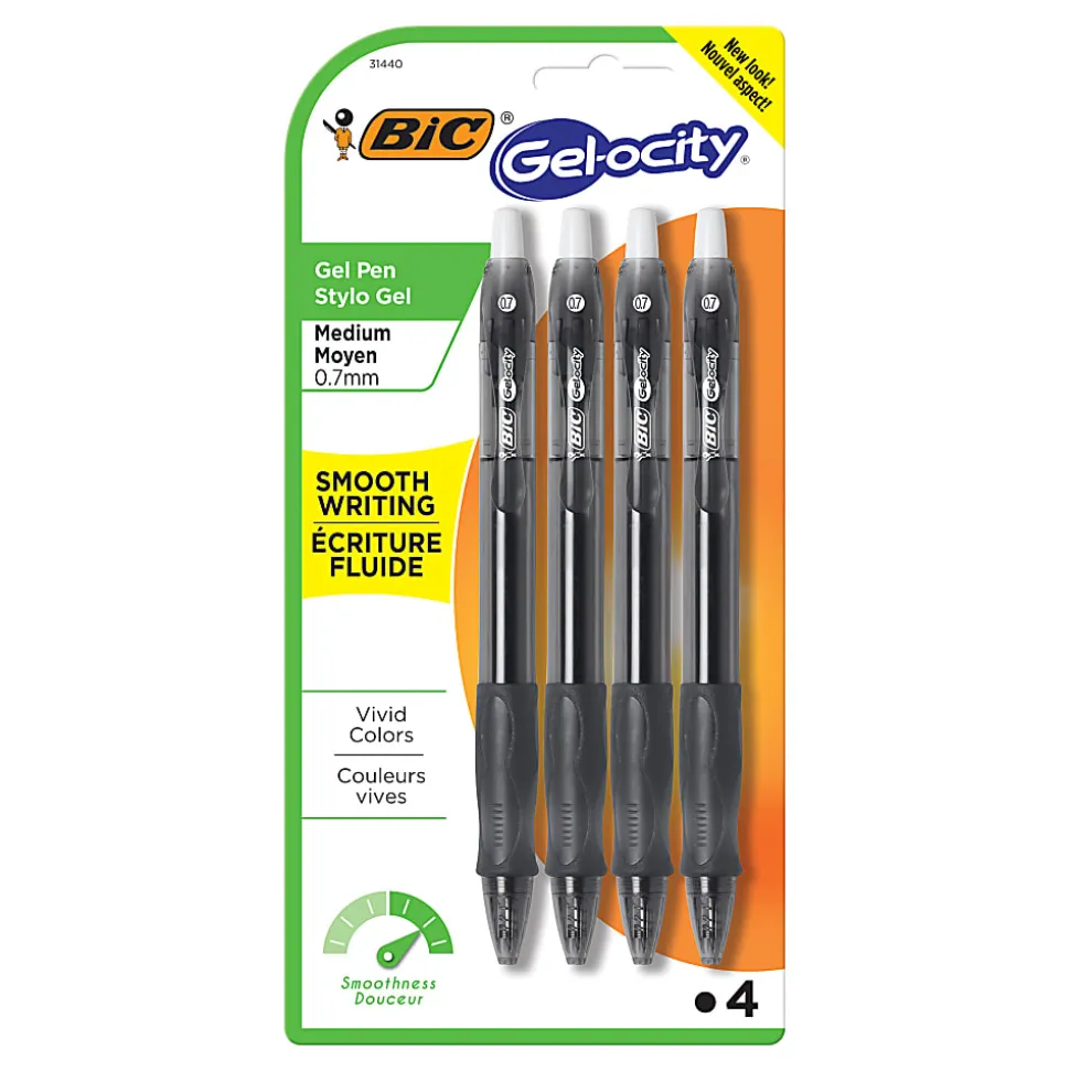 BIC Gelocity Gel Retractable Gel Ink Pens, Medium Point, 0.7 mm, Black Barrel, Black Ink, Pack Of 4 Pens