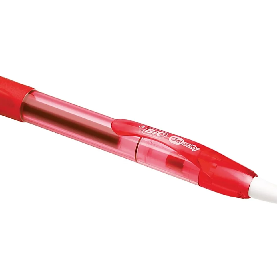 BIC Gelocity Gel Retractable Gel Ink Pens, Medium Point, 0.7 mm, Translucent Red Barrel, Red Ink, Pack Of 4 Pens