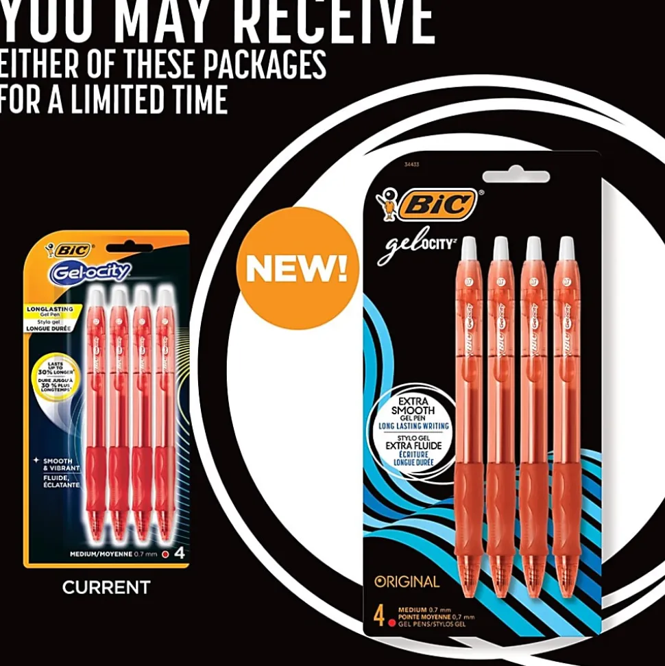 BIC Gelocity Gel Retractable Gel Ink Pens, Medium Point, 0.7 mm, Translucent Red Barrel, Red Ink, Pack Of 4 Pens