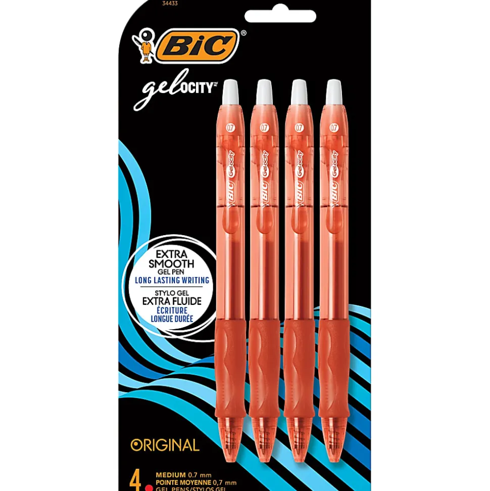 BIC Gelocity Gel Retractable Gel Ink Pens, Medium Point, 0.7 mm, Translucent Red Barrel, Red Ink, Pack Of 4 Pens