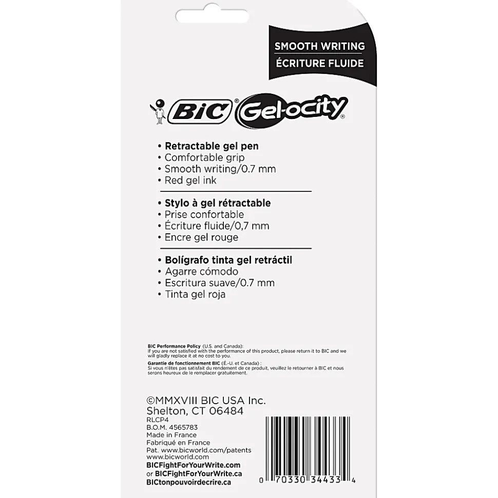 BIC Gelocity Gel Retractable Gel Ink Pens, Medium Point, 0.7 mm, Translucent Red Barrel, Red Ink, Pack Of 4 Pens