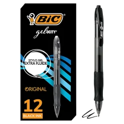 BIC Gelocity Original Long Lasting Retractable Gel Pens, Medium Point, 0.7 mm, Black Barrel, Black Ink, Pack Of 12