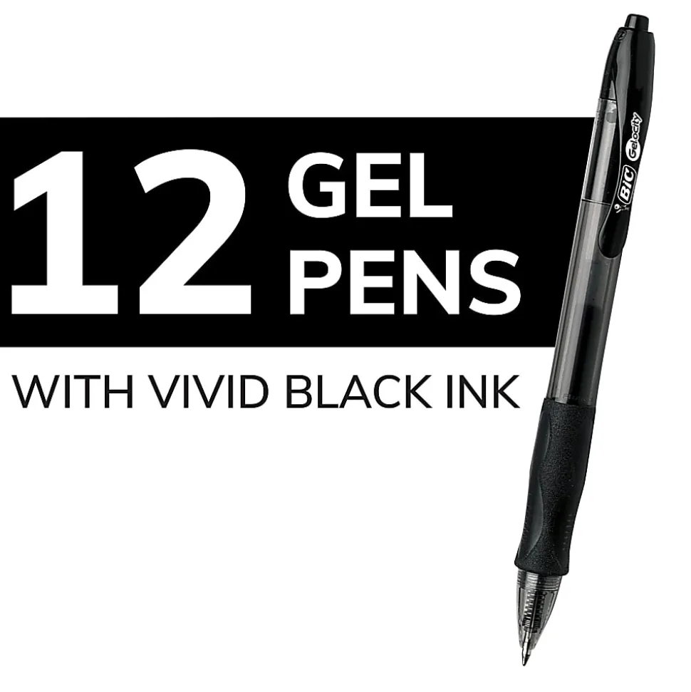 BIC Gelocity Original Long Lasting Retractable Gel Pens, Medium Point, 0.7 mm, Black Barrel, Black Ink, Pack Of 12