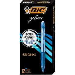 BIC Gelocity Original Long Lasting Retractable Gel Pens, Medium Point, 0.7 mm, Blue Barrel, Blue Ink, Pack Of 12