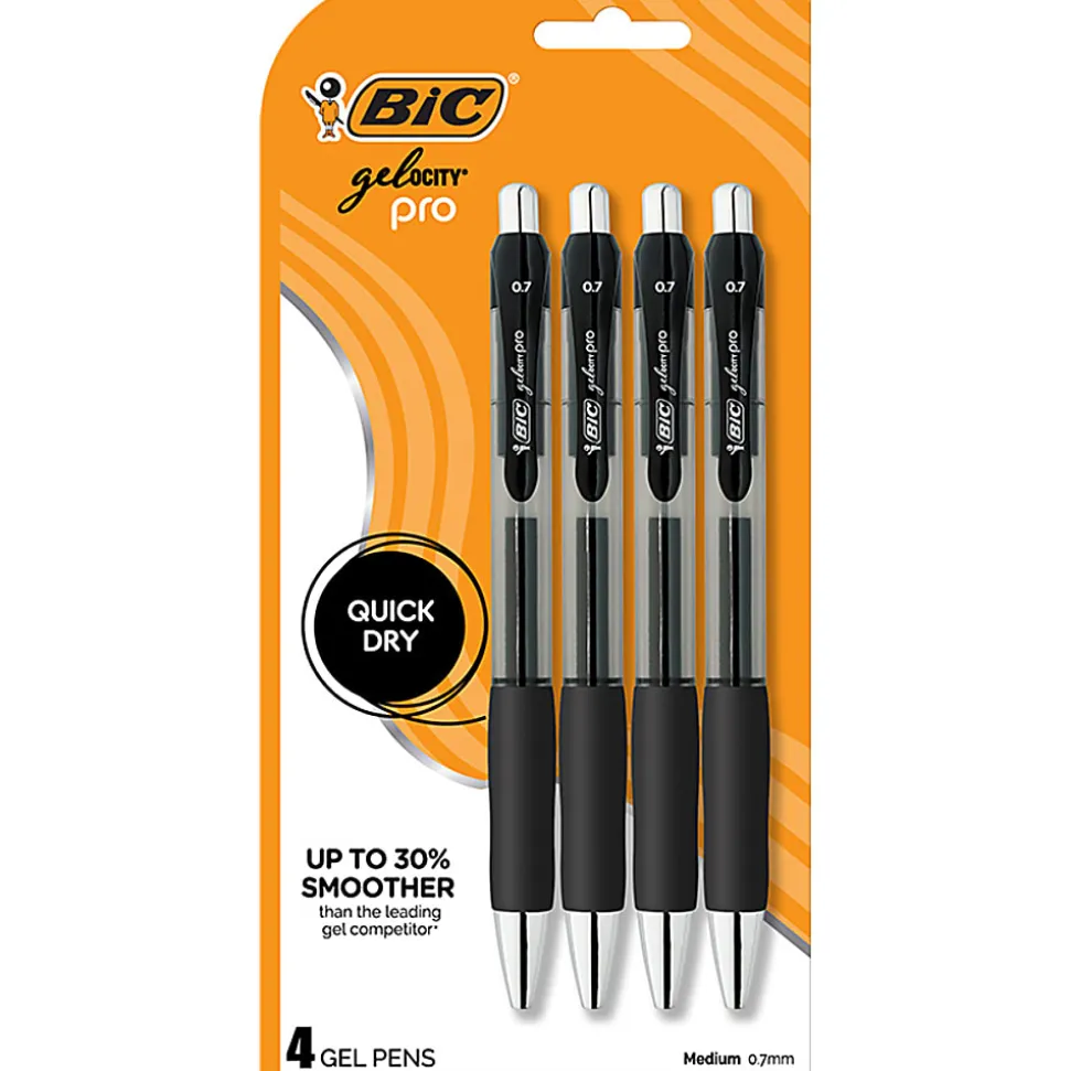 BIC Gelocity Pro Gel Pen, Retractable, Medium Point 0.7MM, Clear Barrel, Black Ink, Pack Of 4